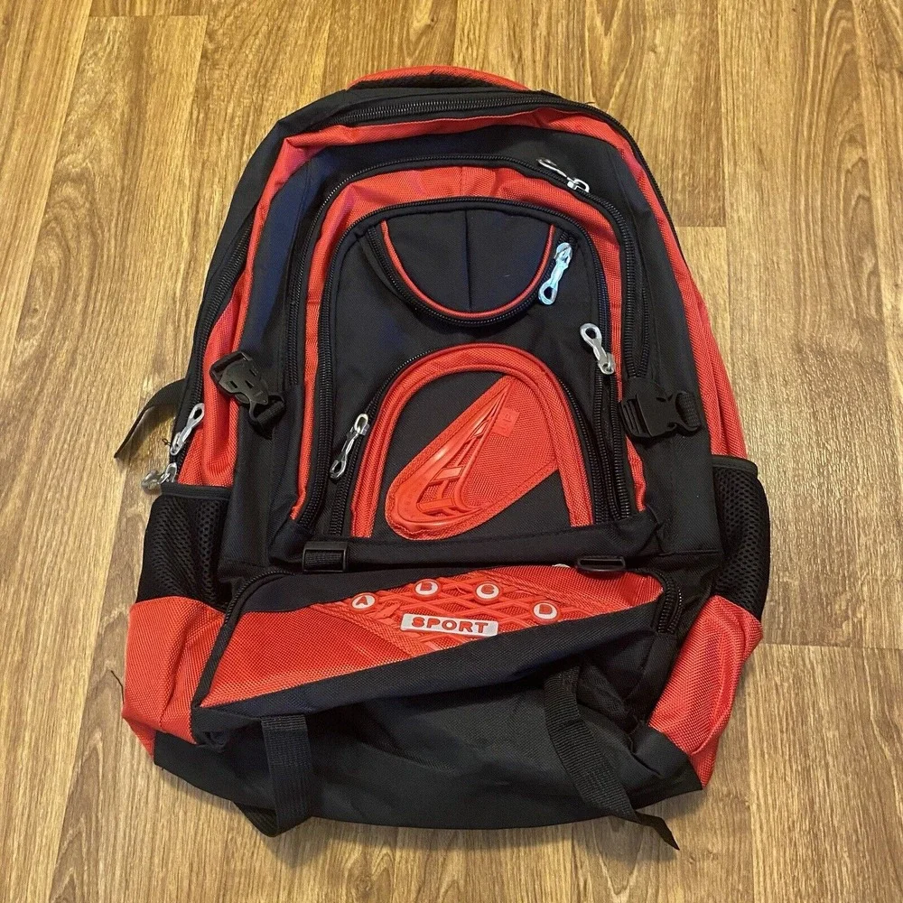 Sport Outdoors Hiking Backpack Red‎ & Black Many Zipper Pouches Adults